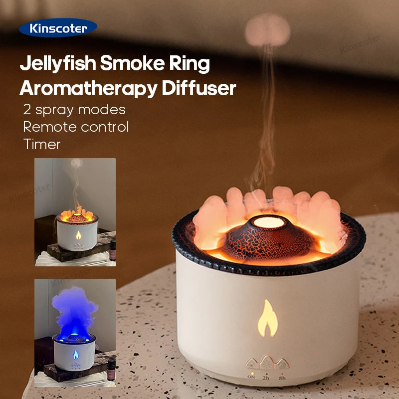 Volcano Flame Aroma Diffuser - Unique Jellyfish Design with Smoke Ring Effect, 360ml Aromatherapy Humidifier for Home and Office