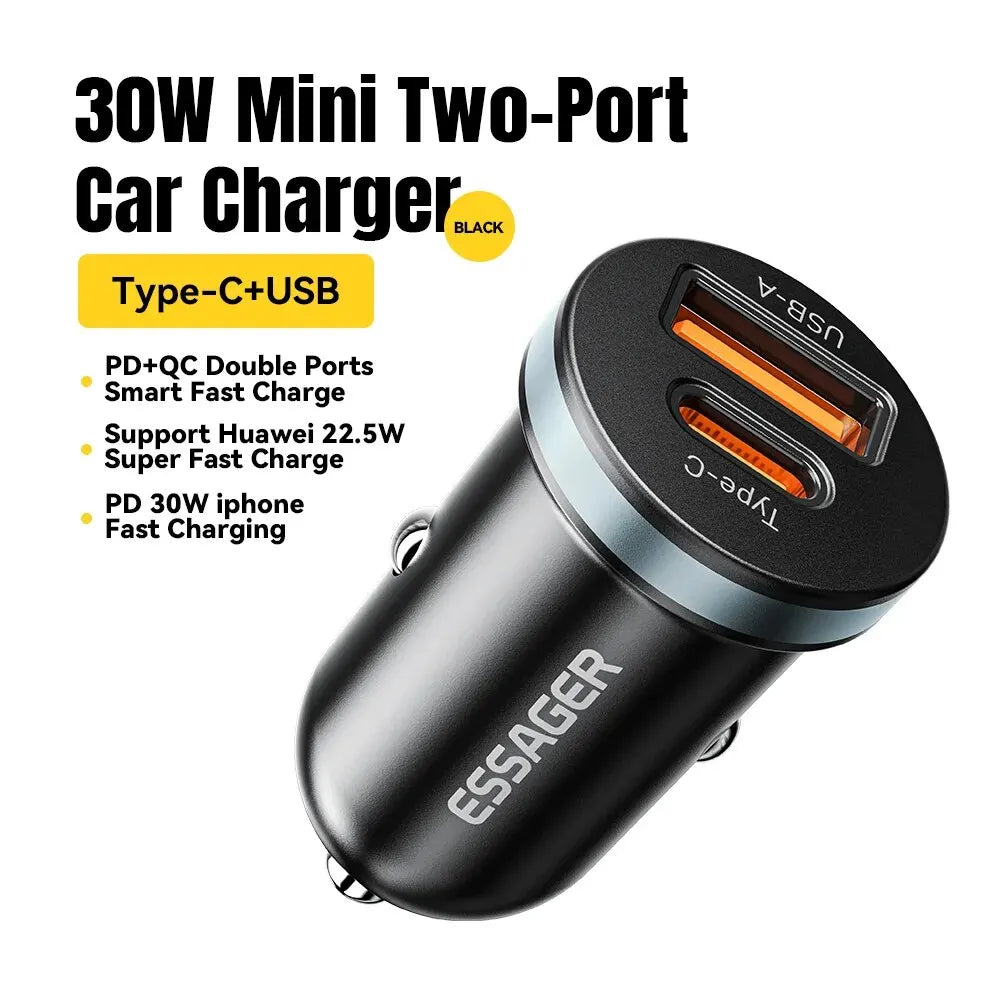 Essager 30W Quick Charge 4.0 USB Type C Car Charger - Fast Charging for iPhone 12, 13, Huawei, Samsung, and Xiaomi