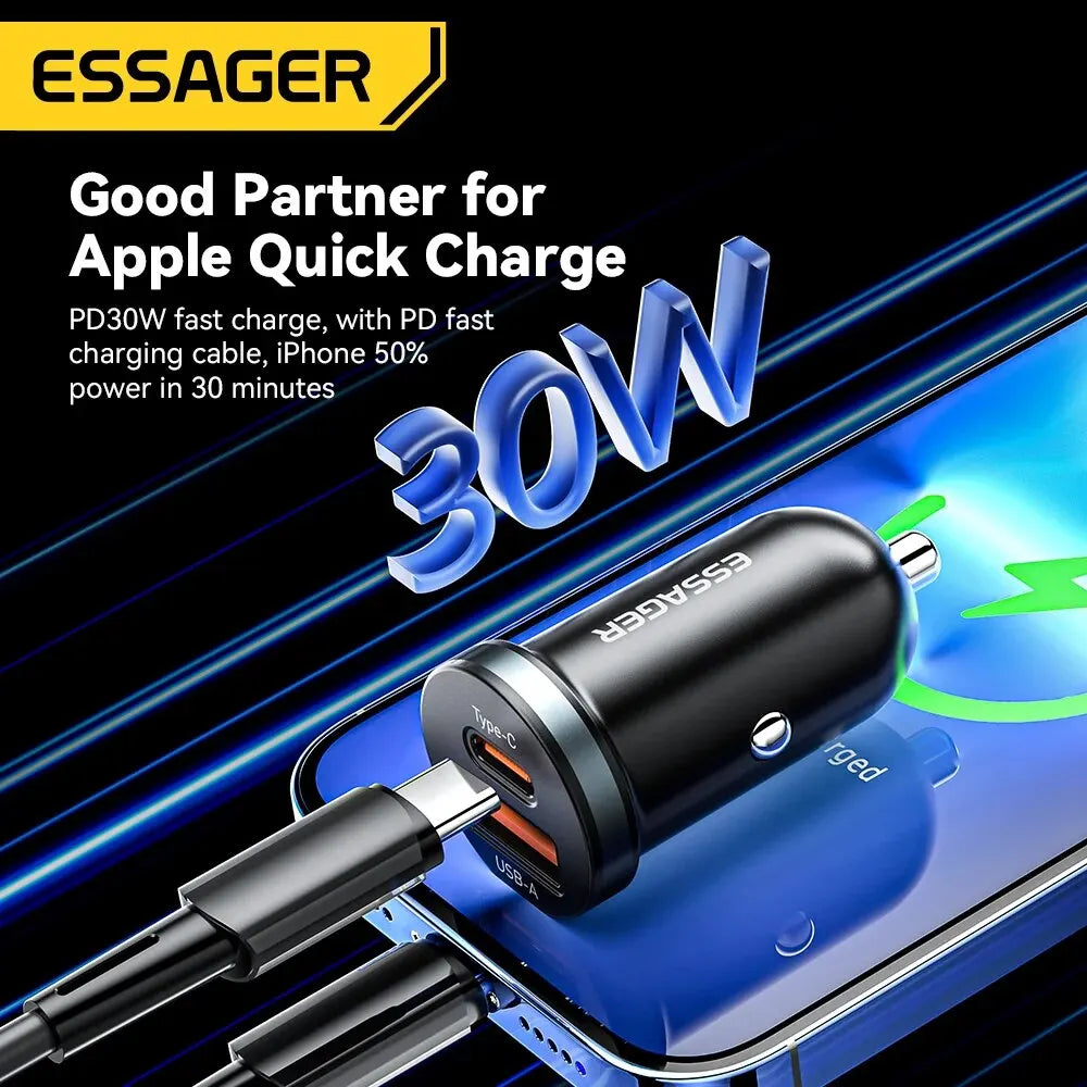 Essager 30W Quick Charge 4.0 USB Type C Car Charger - Fast Charging for iPhone 12, 13, Huawei, Samsung, and Xiaomi