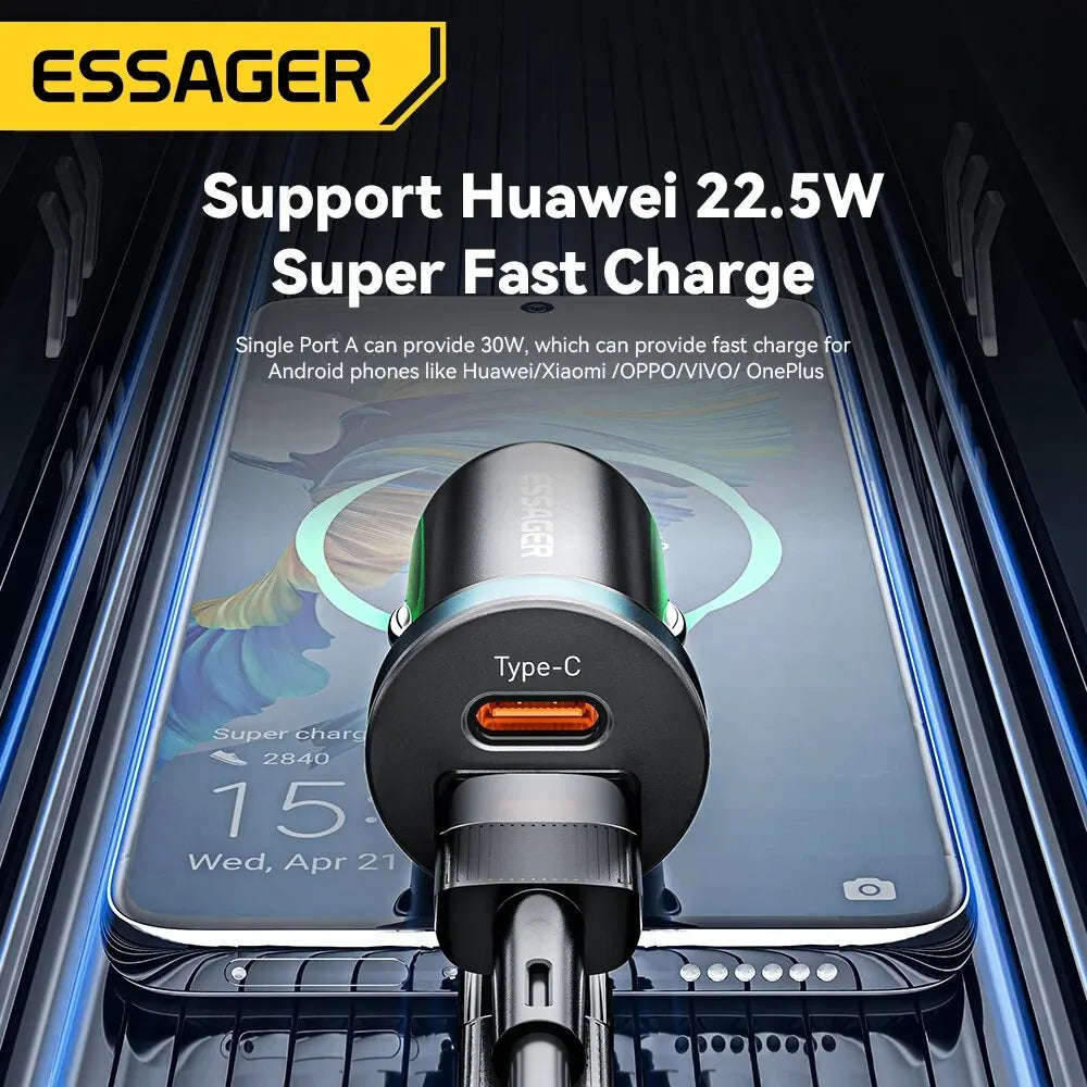 Essager 30W Quick Charge 4.0 USB Type C Car Charger - Fast Charging for iPhone 12, 13, Huawei, Samsung, and Xiaomi