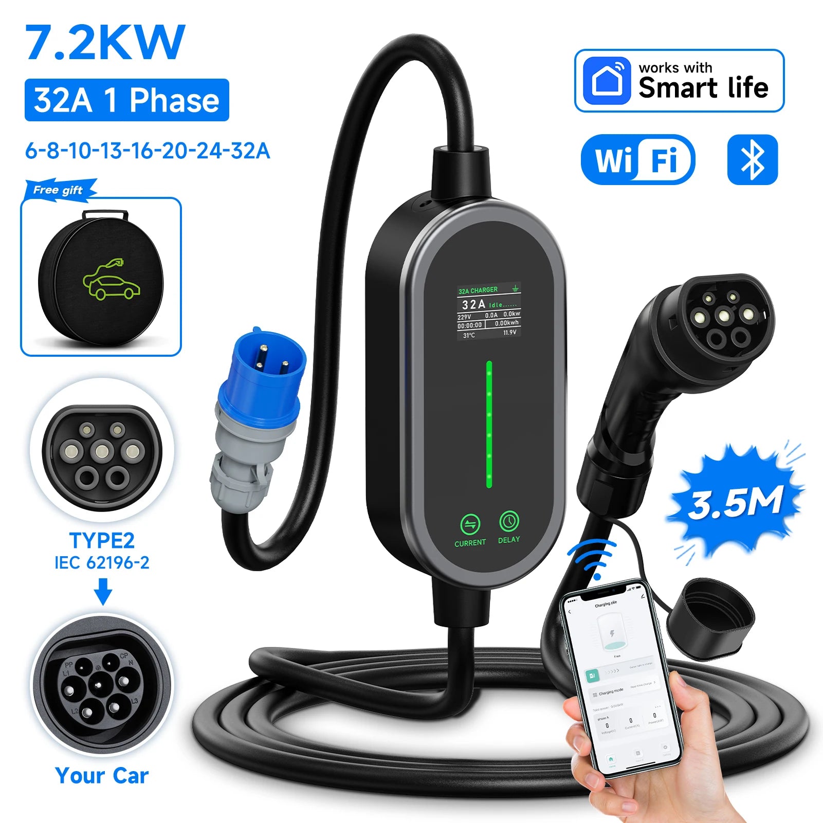 Power Up Your Drive with the Type 2 Portable EV Charger - 7.2KW, 32A, Smart Control Features!