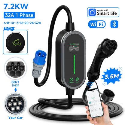 Power Up Your Drive with the Type 2 Portable EV Charger - 7.2KW, 32A, Smart Control Features!