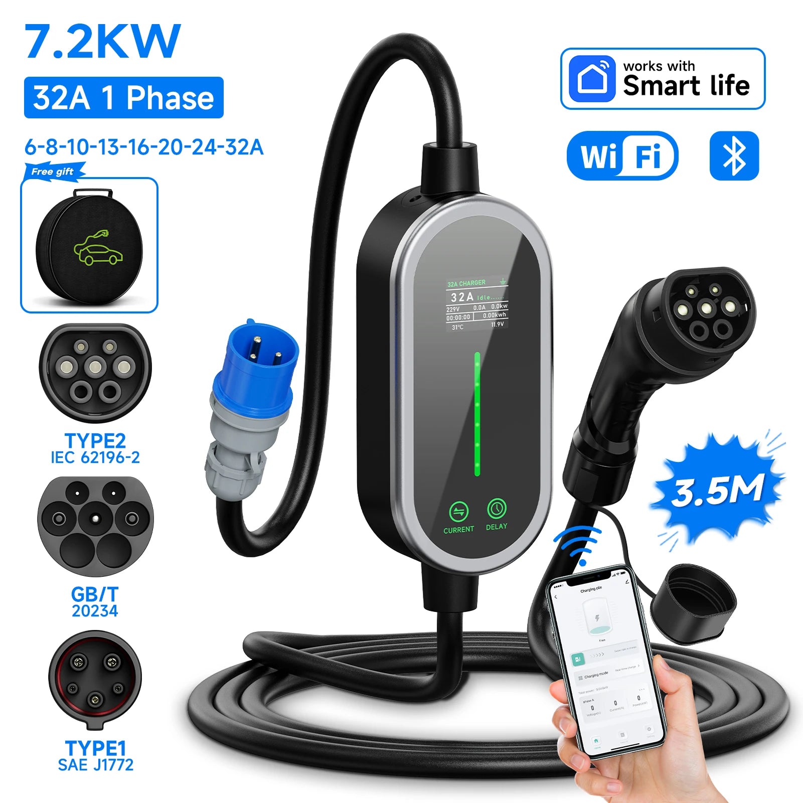 Power Up Your Drive with the Type 2 Portable EV Charger - 7.2KW, 32A, Smart Control Features!