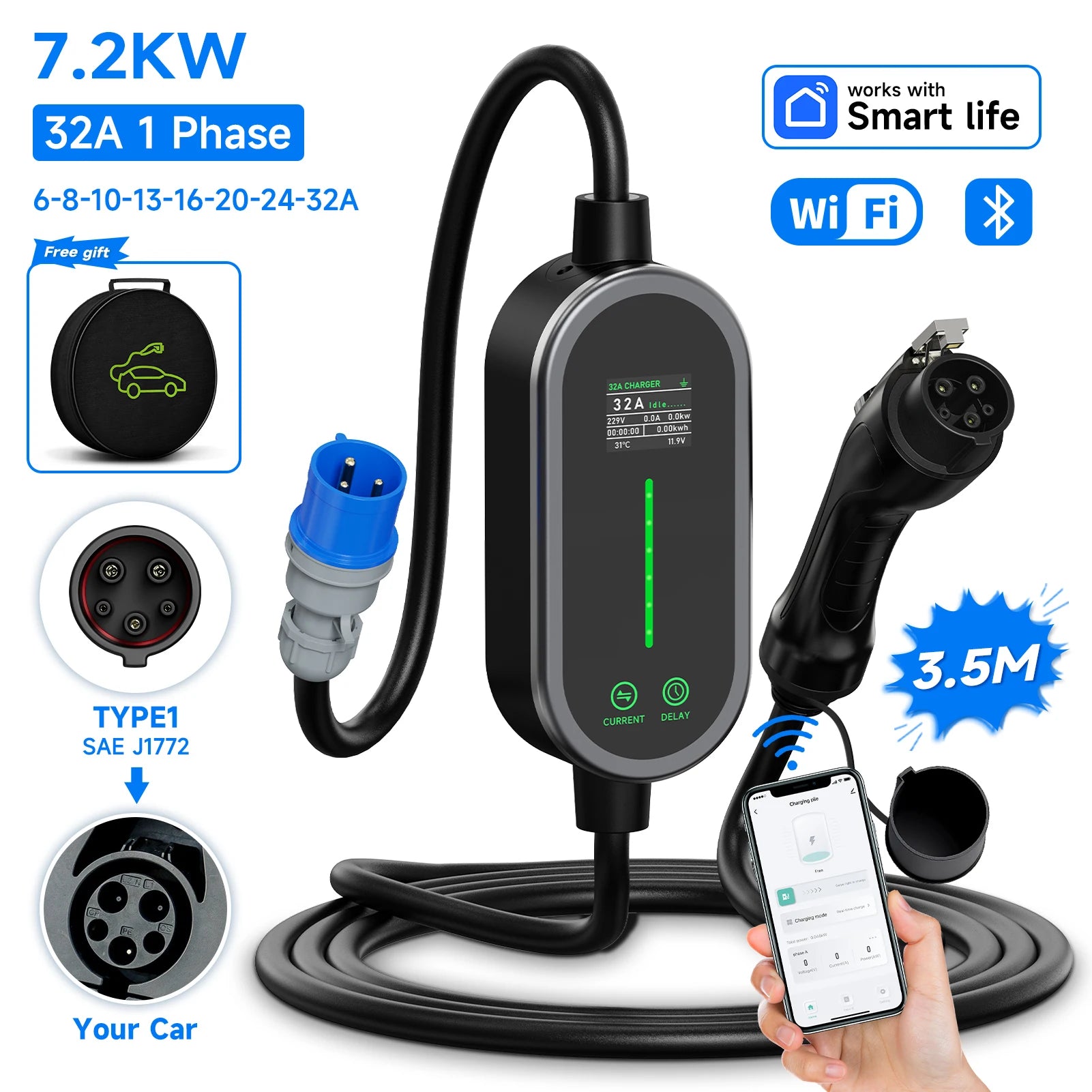 Power Up Your Drive with the Type 2 Portable EV Charger - 7.2KW, 32A, Smart Control Features!