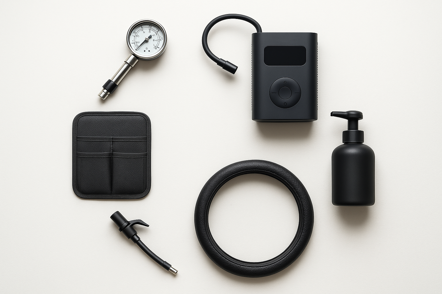 a group of commonly bought car accessories, arranged in a circle. Shows common items like tyre pressure testers, inflators, glove compartment organizers, steering wheel covers, foaming pumps. Do not use any words or texts. Clean and organized for a image on a webpage. 